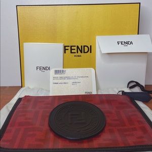 Red Fendi Logo Print Canvas Clutch